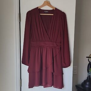 Express Burgundy Ruched Wrap Mini Dress with Bishop Sleeves